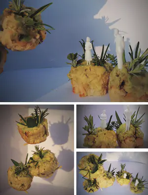 For Colab Dudley, I baked a model that ties into the final proposal. Food is a huge part of history and culture and part of Dudley’s history and culture is using what food there is available. Bread is cheap and easy to make, so is found in many traditional black country dishes. I foraged for edible plants in my garden and neighbourhood and built hanging baskets and islands to show in an abstract way how public space could be more productive and beautiful. They were a tasty treat and a sustainable model! - 0_jsAY5I0mxLugFHbT.png