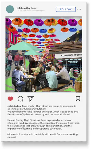 This post promotes the opening of a community kitchen, supported by the Participatory City model.
(We decided to present our narrative through social media and instagram posts as we wanted to showcase what individual experiences might be like when experiencing the future High Street. Each of our posts captures a different element of experience on the High Street to form a collective scenario.) - 1_6sRUvu11L3X86f0sILXO8g.png