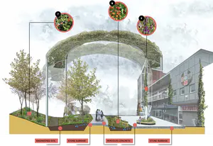 This visual represents Dudley High Street re-imagined; a new vision of a re-wilded, food-centric town centre. The green canopy will begin as a frame that will encourage the growth of plants. Smaller scale units will be integrated at the start and build towards the final vision. - 1_8oJ0eISAIDZ0uX4_VksliQ.png