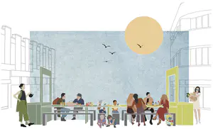 The first Stepping Stone project looks into designing multifunctional furniture for Dudley High Street to provide opportunities for a regenerative community, focusing on how the high street can be occupied with resilience. Initially, the stalls act as market stalls to provide opportunities for enterprises and small businesses to begin thriving and encouraging the High Street to become a place of inclusivity.

However, the stalls can extend out into outdoor seating arrangements, which can become an extension of the community kitchen and during events can become a part of the whole atmosphere.

By extending the furniture, they can connect together and become a large spread where people can sit together and enjoy company. It creates a lowered centre space so children can sit together, or paint on the surfaces. We decided to focus on furniture because we felt the importance of it can go unrecognised. We felt through the design of this market stall, many memories can be created and attached to these items, and become valuable assets within the community. - 1_OZxPTXXsNAi7K07s8cozeQ.png