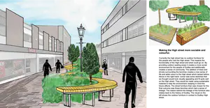 Stepping Stone 2 is about making the High Street bespoke to Dudley through street furniture. We wanted to make the High Street more sociable and colourful. By providing outdoor seating areas, people would be invited to speak to each other and bring back a sense of community. - 1_o3nY3c2woc53u0TgQDtpOw.png