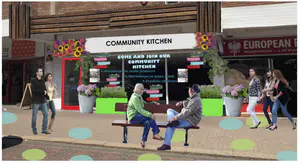 The second Stepping Stone project focused on the representation of colour and revitalising frontages. During our group discussions, we recognised the negligence of existing colour on Dudley High Street. Colour is a key element we believe can bring a sense of brightness into the High Street, and an element that should be of focus when revitalising the frontages.
In this example, we have approached the frontage for the community kitchen we envision. The visual showcases a Community Kitchen in which different herbs and spices can be grown. These can then be used to cook the many dishes respective to the different cultures existing on the High Street. Each frontage can respond to the different uses of the buildings to promote individuality across the street. - 1_pm9_qBkIxwst2IcGMPeT4A.png