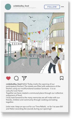 In this post, we captured the street’s atmosphere filled with colour, activity, and pedestrianised streets.
(We decided to present our narrative through social media and instagram posts as we wanted to showcase what individual experiences might be like when experiencing the future High Street. Each of our posts captures a different element of experience on the High Street to form a collective scenario.) - 1_xiDPYDn8mSA_q0UYxmK9Zg.png